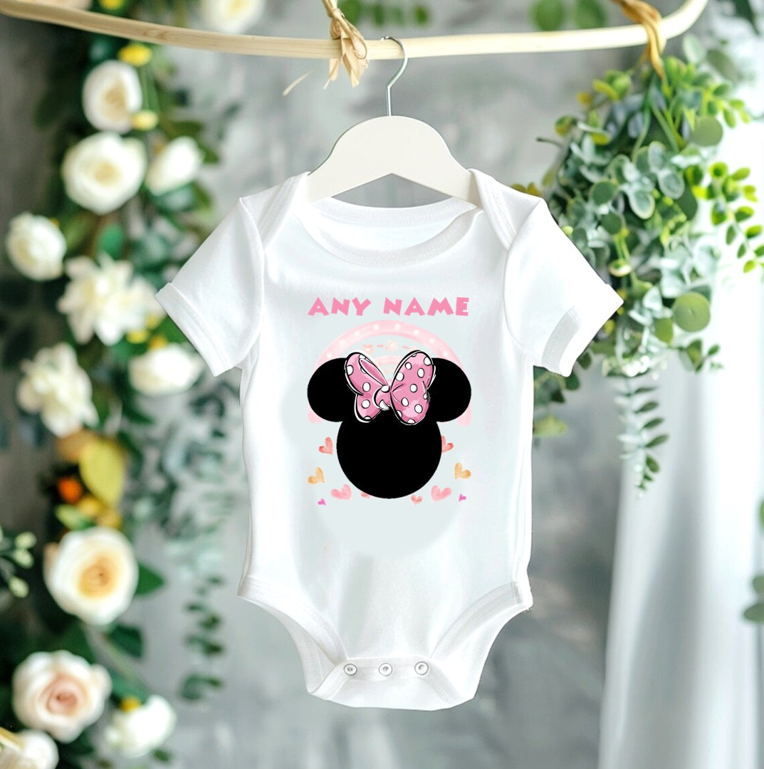 All Sizes Minnie Mouse Pink Bow Custom Personalized Name Pink White Black Ribbon Sewn Tutu Outfit Set Dress
