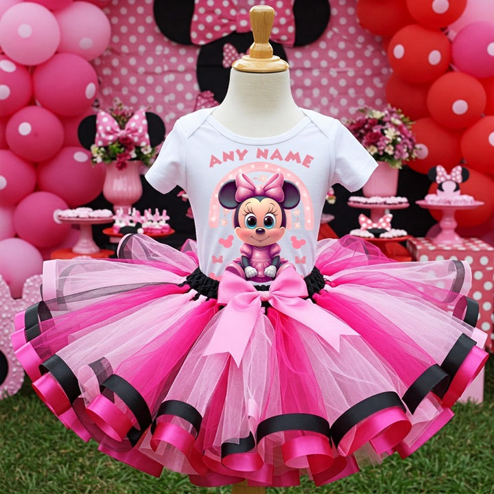 All Sizes Baby Minnie Mouse Custom Personalized Name Pink Black Hot Pink Ribbon Sewn Tutu Outfit Set Dress