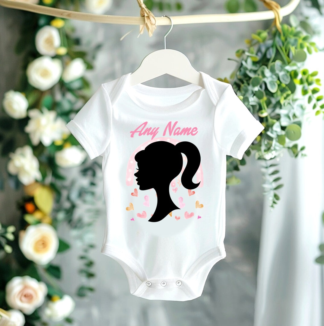 All Sizes Barbie Face Silhouette Custom Personalized Name Pink White Black Ribbon Sewn Tutu Outfit Set Dress