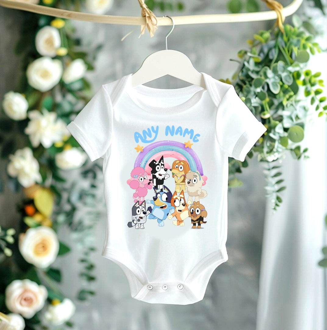 All Sizes Bluey & Bingo Custom Personalized Name Rainbow Ribbon Sewn Tutu Outfit Set Dress