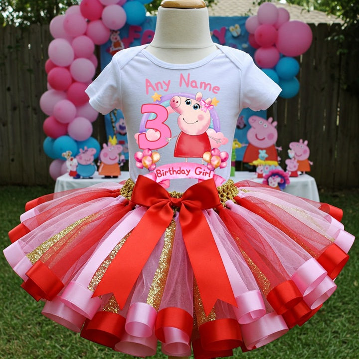 All Sizes Peppa Pig Custom Personalized Name Birthday Pink Red Gold Ribbon Sewn Tutu Outfit Set Dress