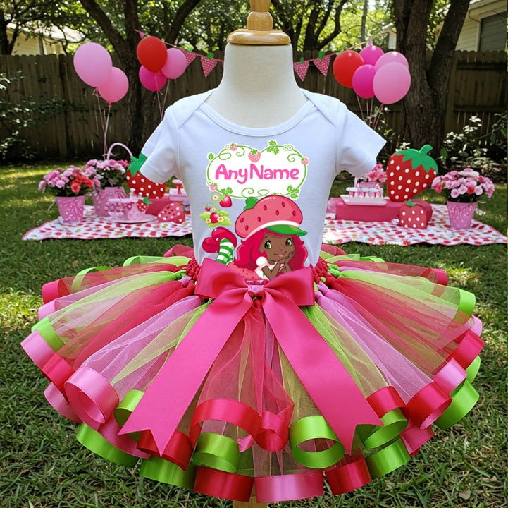 All Sizes Strawberry Shortcake Black African American Custom Personalized Name Red Pink Green Ribbon Sewn Tutu Outfit Set Dress