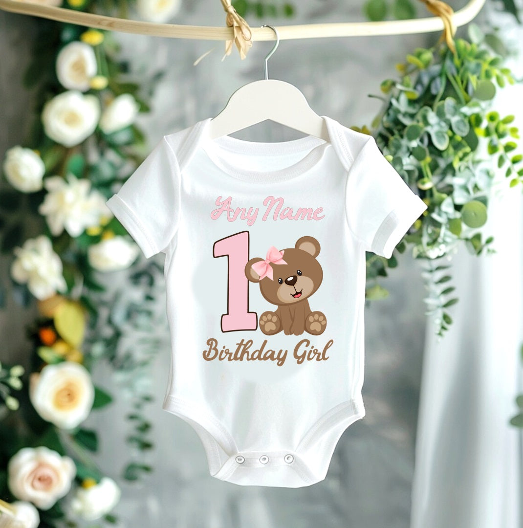 All Sizes Cute Little Teddy Bear Pink Custom Personalized Name Birthday Pink Brown Gold Ribbon Sewn Tutu Outfit Set Dress