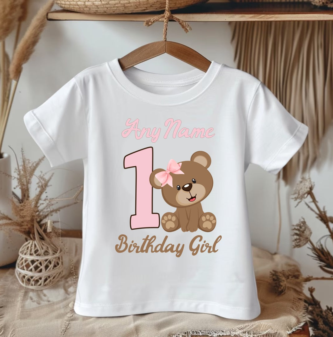 All Sizes Cute Little Teddy Bear Pink Custom Personalized Name Birthday Pink Brown Gold Ribbon Sewn Tutu Outfit Set Dress