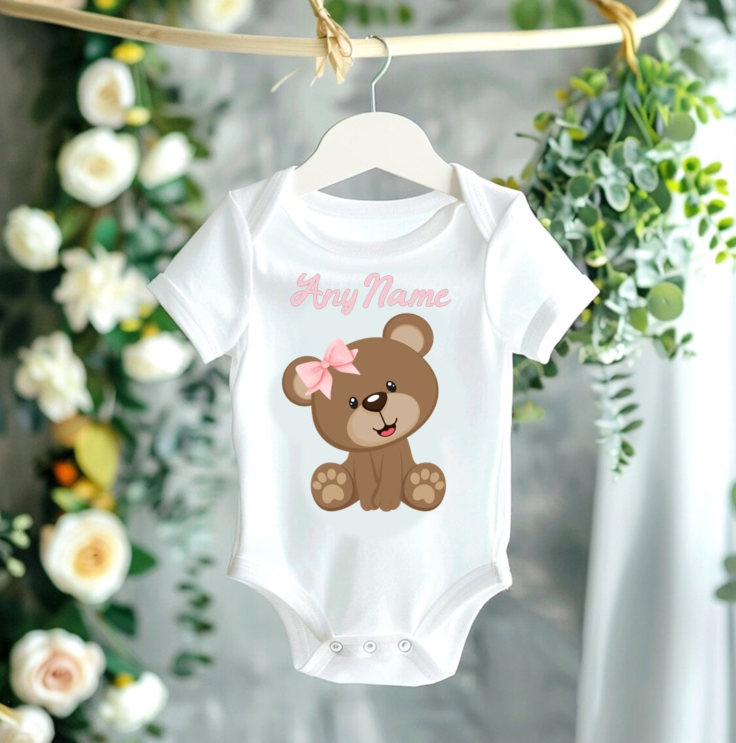 All Sizes Cute Little Teddy Bear Pink Custom Personalized Name Pink Gold Hot Pink Ribbon Sewn Tutu Outfit Set Dress