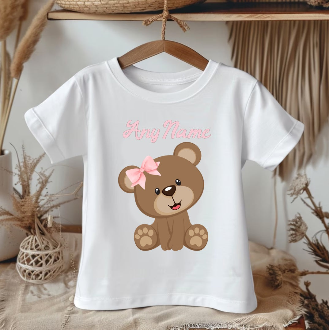 All Sizes Cute Little Teddy Bear Pink Custom Personalized Name Pink Gold Hot Pink Ribbon Sewn Tutu Outfit Set Dress