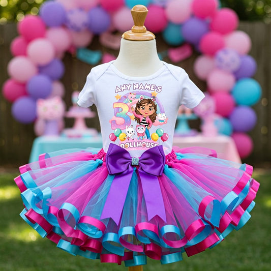 All Sizes Gabby's Dollhouse Custom Personalized Name Birthday Pink Blue Purple Ribbon Sewn Tutu Outfit Set Dress