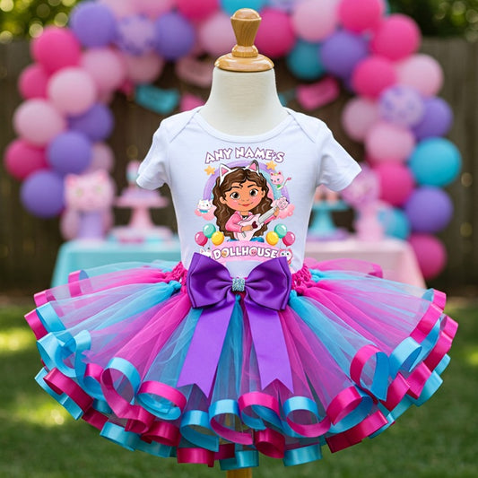 All Sizes Gabby's Dollhouse Custom Personalized Name Pink Blue Purple Ribbon Sewn Tutu Outfit Set Dress