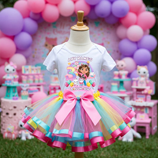 All Sizes Gabby's Dollhouse Custom Personalized Name Birthday Rainbow Ribbon Sewn Tutu Outfit Set Dress