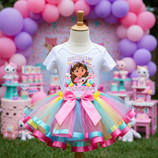 All Sizes Gabby's Dollhouse Custom Personalized Name Rainbow Ribbon Sewn Tutu Outfit Set Dress