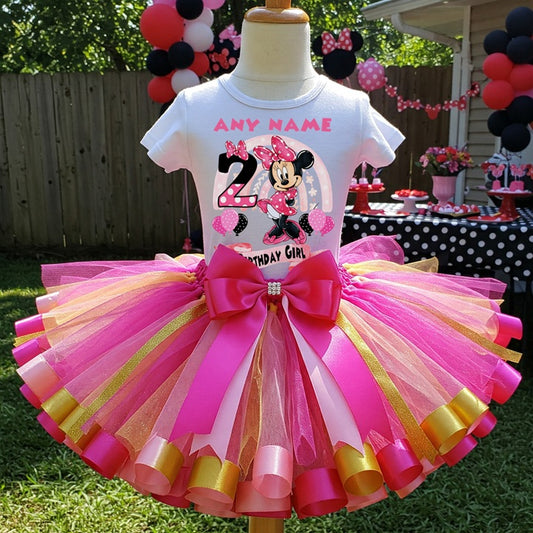 All Sizes Minnie Mouse Custom Personalized Name Birthday Pink Hot Pink Gold Ribbon Sewn Tutu Outfit Set Dress