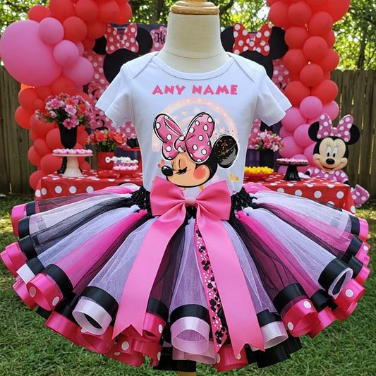 All Sizes Minnie Mouse Custom Personalized Name Pink White Black Ribbon Sewn Tutu Outfit Set Dress