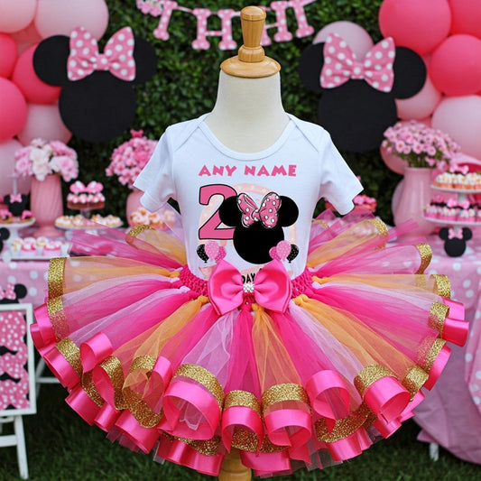 All Sizes Minnie Mouse Pink Bow Custom Personalized Name Birthday Pink Hot Pink Gold Ribbon Sewn Tutu Outfit Set Dress