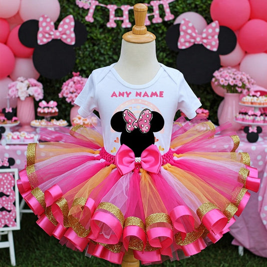 All Sizes Minnie Mouse Pink Bow Custom Personalized Name Pink Hot Pink Gold Ribbon Sewn Tutu Outfit Set Dress