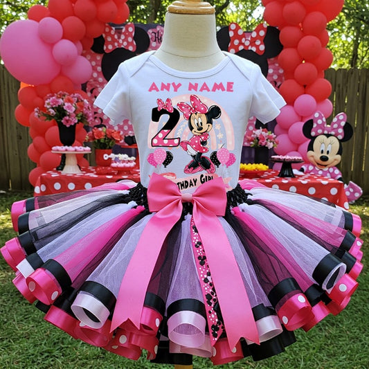 All Sizes Minnie Mouse Custom Personalized Name Birthday Pink White Black Ribbon Sewn Tutu Outfit Set Dress