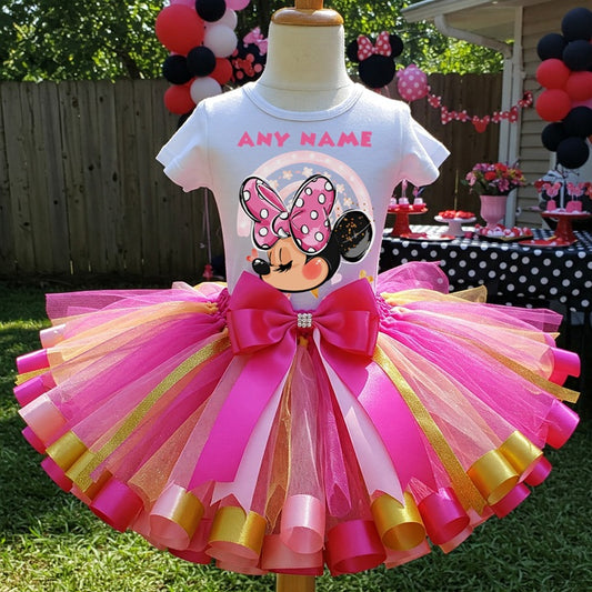 All Sizes Minnie Mouse Custom Personalized Name Pink Hot Pink Gold Ribbon Sewn Tutu Outfit Set Dress