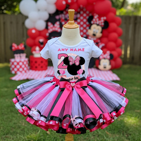 All Sizes Minnie Mouse Pink Bow Custom Personalized Name Birthday Pink White Black Ribbon Sewn Tutu Outfit Set Dress