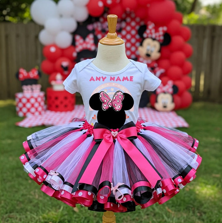 All Sizes Minnie Mouse Pink Bow Custom Personalized Name Pink White Black Ribbon Sewn Tutu Outfit Set Dress