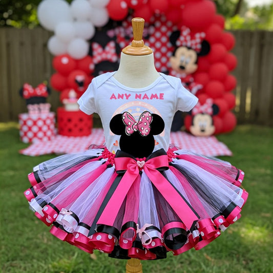 All Sizes Minnie Mouse Pink Bow Custom Personalized Name Pink White Black Ribbon Sewn Tutu Outfit Set Dress
