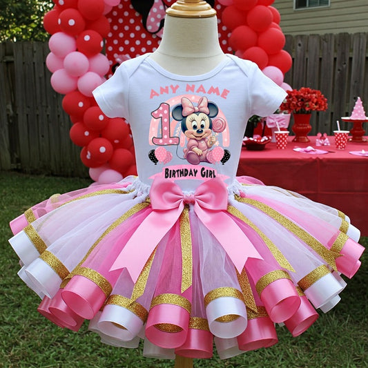 All Sizes Baby Minnie Mouse Custom Personalized Name Birthday Pink White Gold Ribbon Sewn Tutu Outfit Set Dress