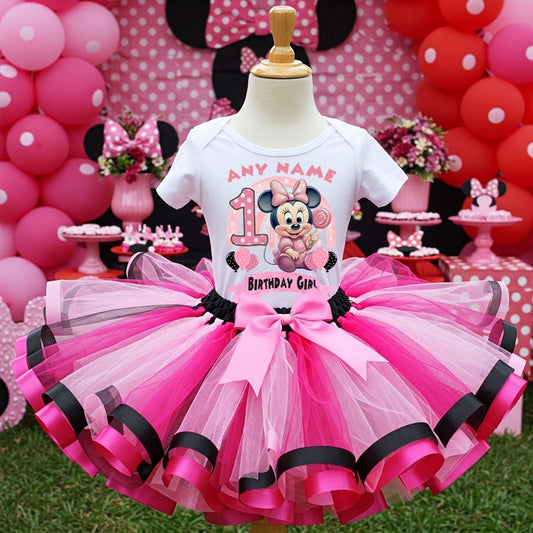 All Sizes Baby Minnie Mouse Custom Personalized Name Birthday Pink Black Hot Pink Ribbon Sewn Tutu Outfit Set Dress