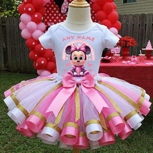 All Sizes Baby Minnie Mouse Custom Personalized Name Pink White Gold Ribbon Sewn Tutu Outfit Set Dress