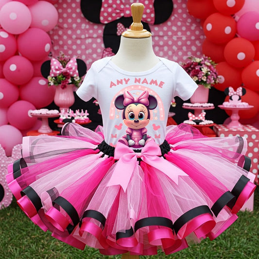 All Sizes Baby Minnie Mouse Custom Personalized Name Pink Black Hot Pink Ribbon Sewn Tutu Outfit Set Dress