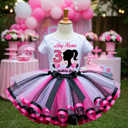 All Sizes Barbie Face Silhouette Custom Personalized Name Birthday Pink White Black Ribbon Sewn Tutu Outfit Set Dress