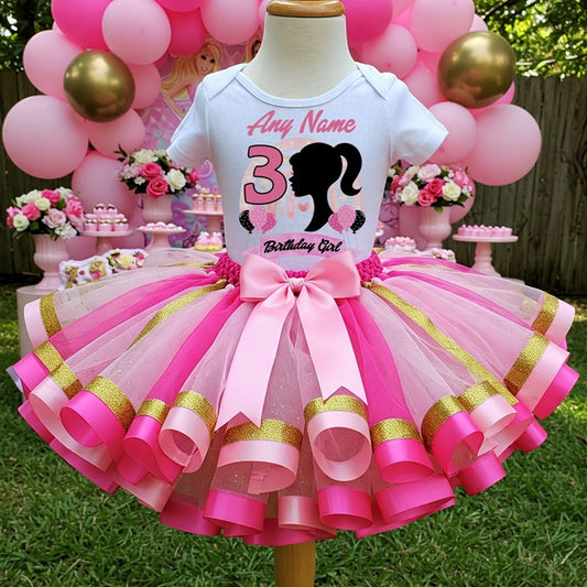 All Sizes Barbie Face Silhouette Custom Personalized Name Birthday Pink Hot Pink Gold Ribbon Sewn Tutu Outfit Set Dress