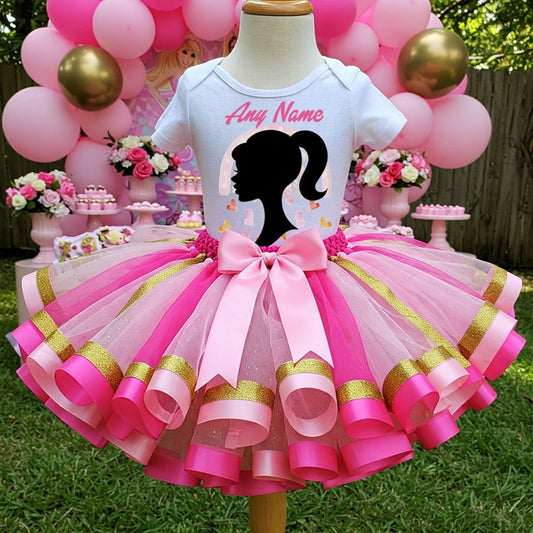 All Sizes Barbie Face Silhouette Custom Personalized Name Pink Hot Pink Gold Ribbon Sewn Tutu Outfit Set Dress