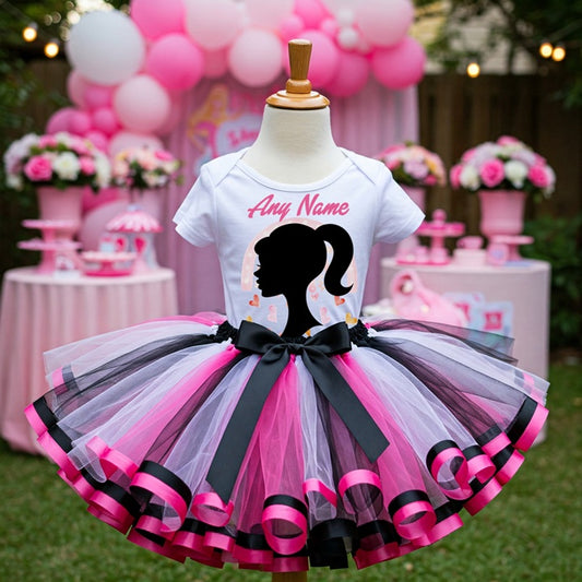 All Sizes Barbie Face Silhouette Custom Personalized Name Pink White Black Ribbon Sewn Tutu Outfit Set Dress