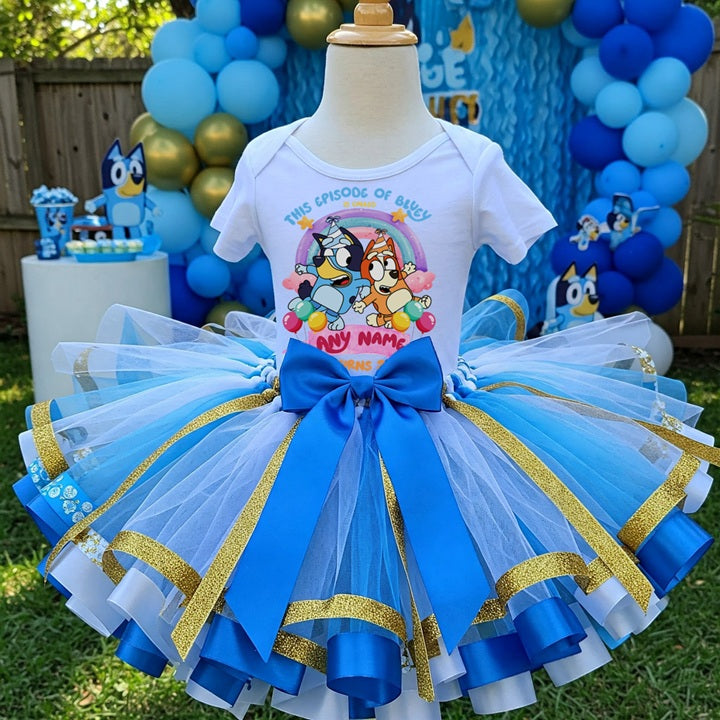 All Sizes Bluey & Bingo Custom Personalized Name Birthday Blue White Gold Ribbon Sewn Tutu Outfit Set Dress