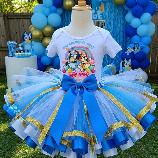 All Sizes Bluey & Bingo Custom Personalized Name Birthday Blue White Gold Ribbon Sewn Tutu Outfit Set Dress