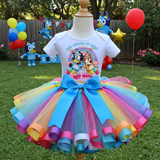 All Sizes Bluey & Bingo Custom Personalized Name Birthday Rainbow Ribbon Sewn Tutu Outfit Set Dress