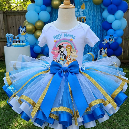 All Sizes Bluey & Bingo Custom Personalized Name Blue White Gold Ribbon Sewn Tutu Outfit Set Dress