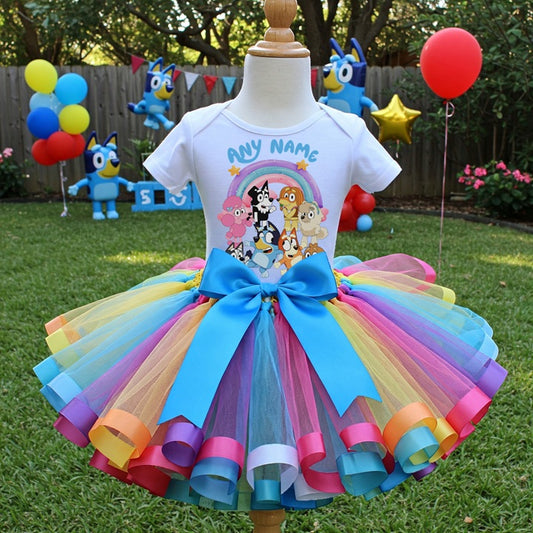 All Sizes Bluey & Bingo Custom Personalized Name Rainbow Ribbon Sewn Tutu Outfit Set Dress