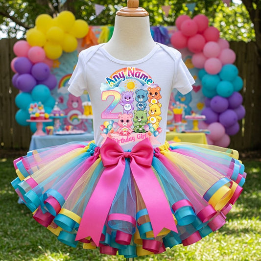 All Sizes Care Bears Custom Personalized Name Birthday Rainbow Ribbon Sewn Tutu Outfit Set Dress
