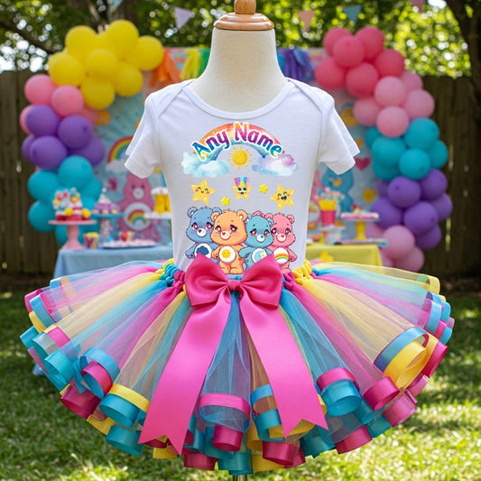 All Sizes Care Bears Custom Personalized Name Rainbow Ribbon Sewn Tutu Outfit Set Dress