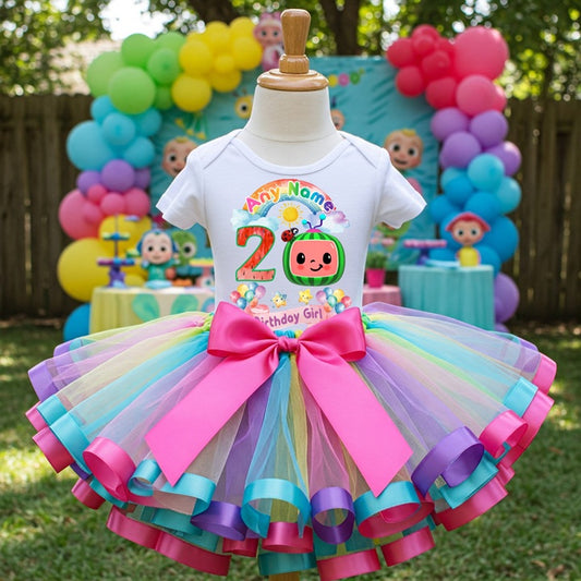 All Sizes CoComelon TV Girls Custom Personalized Name Birthday Rainbow Ribbon Sewn Tutu Outfit Set Dress