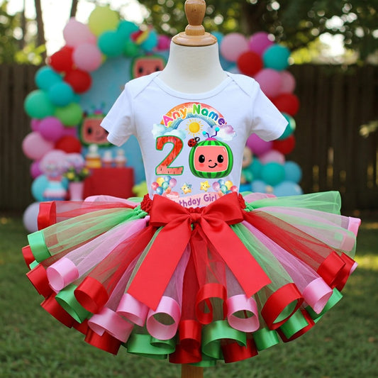 All Sizes CoComelon TV Girls Custom Personalized Name Birthday Pink Red Green Ribbon Sewn Tutu Outfit Set Dress