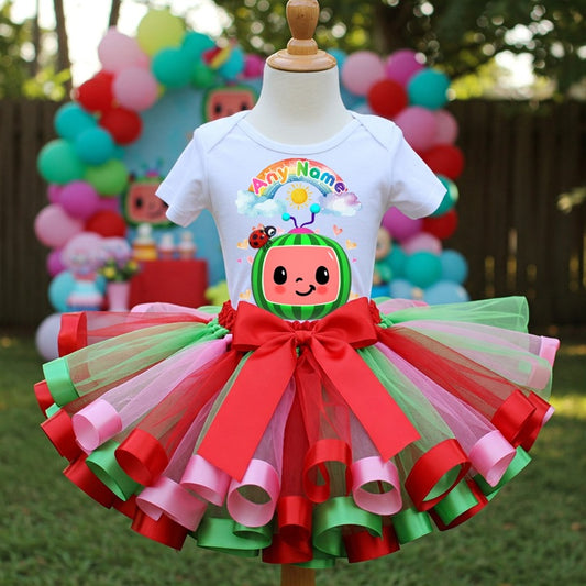 All Sizes CoComelon TV Girls Custom Personalized Name Pink Red Green Ribbon Sewn Tutu Outfit Set Dress