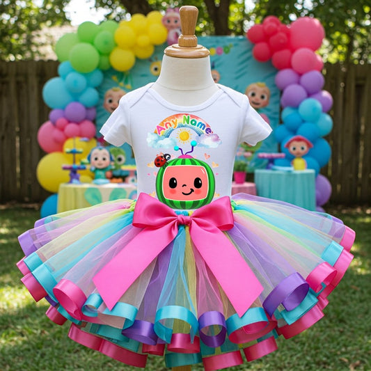 All Sizes CoComelon TV Girls Custom Personalized Name Rainbow Ribbon Sewn Tutu Outfit Set Dress