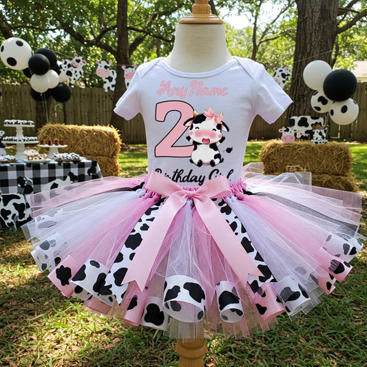 All Sizes Cute Little Cow Pink Custom Personalized Name Birthday Pink White Cow Print Ribbon Sewn Tutu Outfit Set Dress
