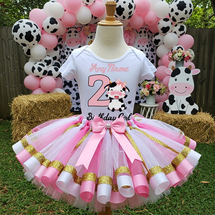 All Sizes Cute Little Cow Pink Custom Personalized Name Birthday Pink White Gold Ribbon Sewn Tutu Outfit Set Dress