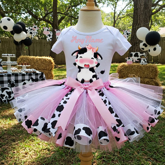 All Sizes Cute Little Cow Pink Custom Personalized Name Pink White Cow Print Ribbon Sewn Tutu Outfit Set Dress