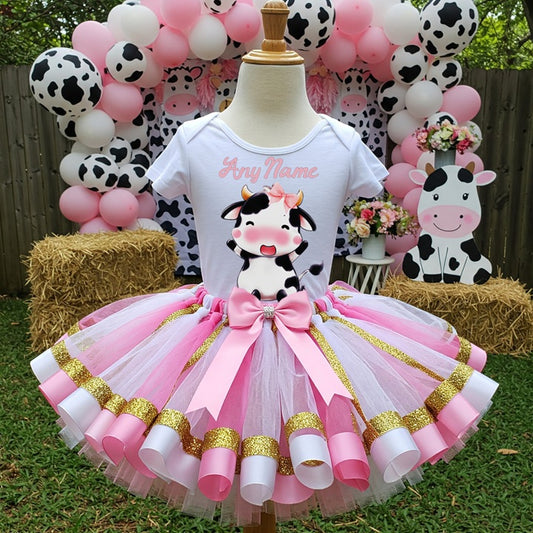 All Sizes Cute Little Cow Pink Custom Personalized Name Pink White Gold Ribbon Sewn Tutu Outfit Set Dress