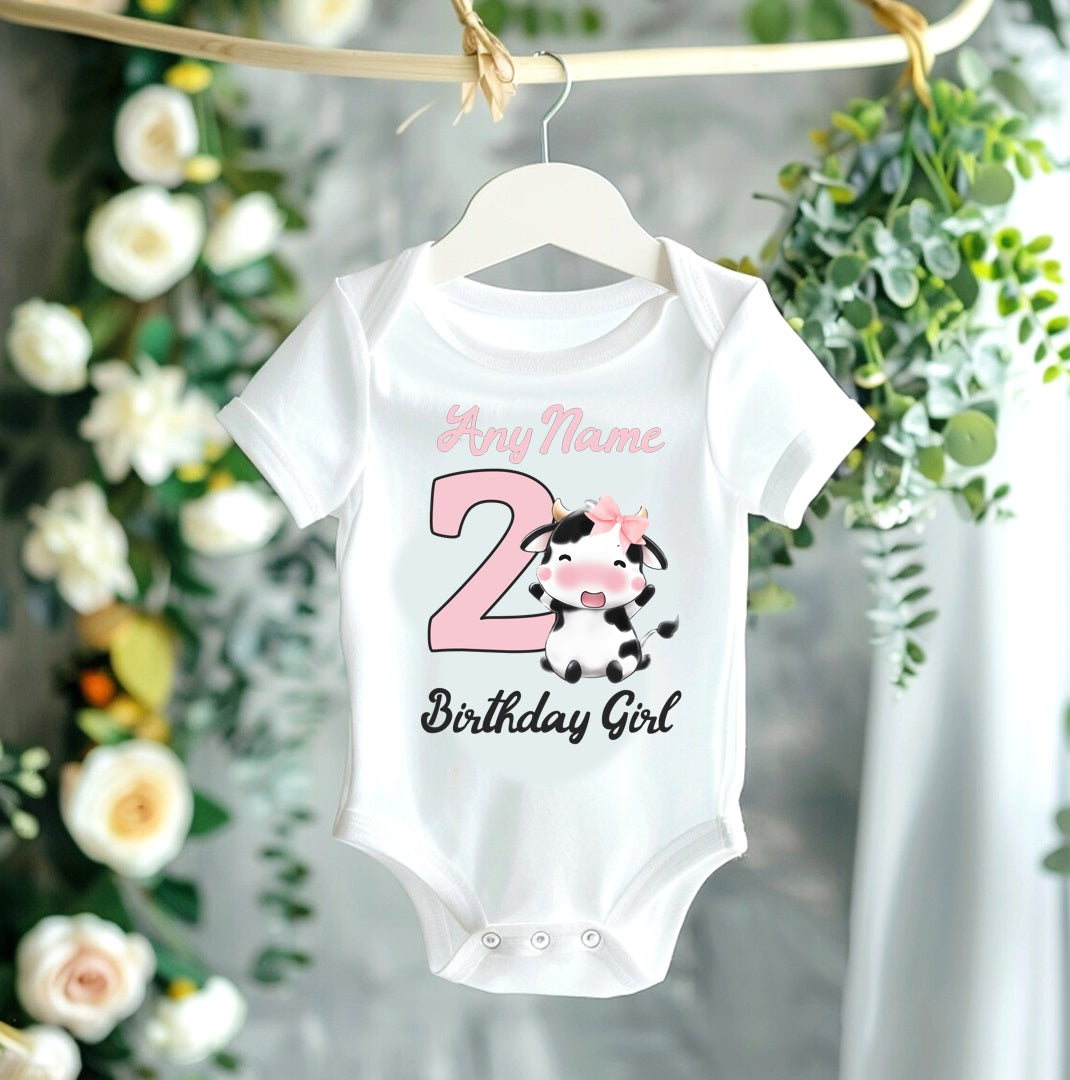 All Sizes Cute Little Cow Pink Custom Personalized Name Birthday Pink White Cow Print Ribbon Sewn Tutu Outfit Set Dress