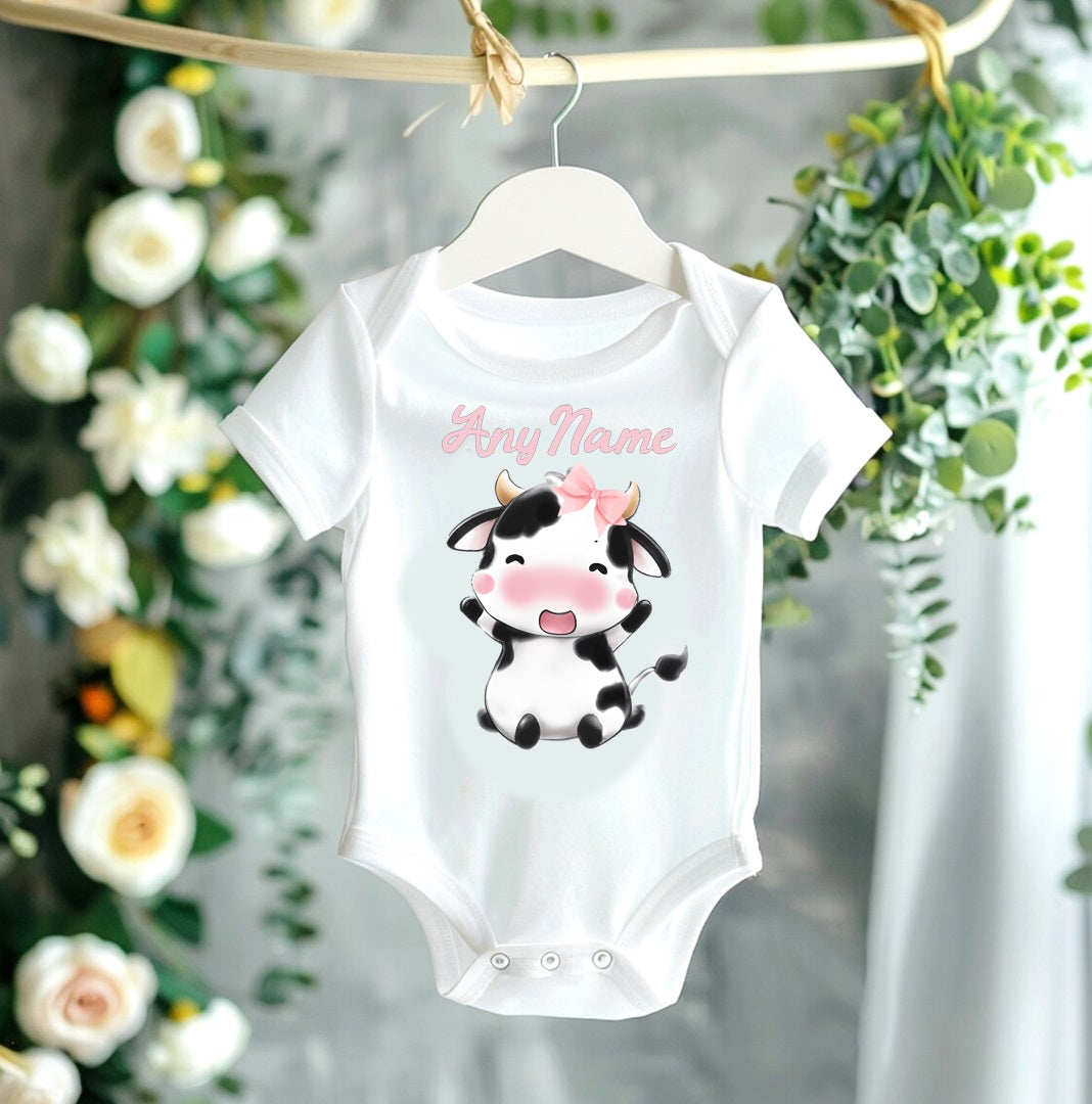 All Sizes Cute Little Cow Pink Custom Personalized Name Pink White Cow Print Ribbon Sewn Tutu Outfit Set Dress