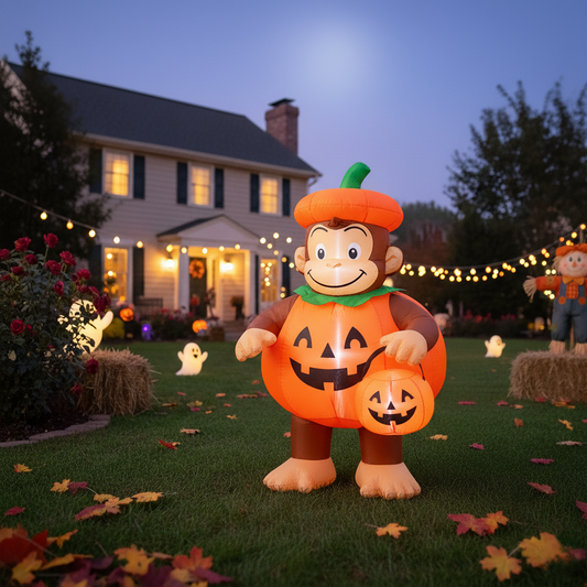 Curious George Monkey Pumpkin Costume 4 Foot Yard Inflatable Blow Up Halloween Party Gift