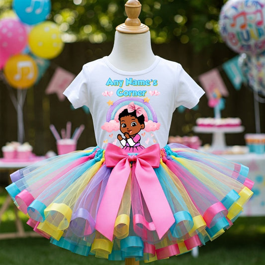 All Sizes CoComelon TV Girls Custom Personalized Name Pastel Rainbow Ribbon Sewn Tutu Outfit Set Dress